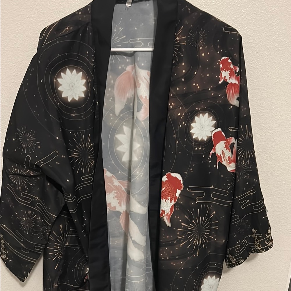 Stylish Black Kimono with Red and White Koi Design